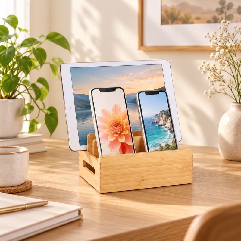 Bamboo Charging Station Organizer for Phones and Tablets – Multi-Device