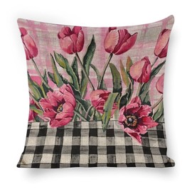 Pink Tulip Throw Pillow Covers Buffalo Plaid Linen Pillow Cases 18x18 Inch Square Cushion Pillowscover Modern Farmhouse Decor for Sofa Bedroom Living Room Car