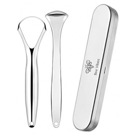 BEE VIBES Raspador de Lengua Acero Inoxidable 2 Piezas con Estuche | 2 piezas + estuche, acero inoxidable, reutilizable, higiene bucal, aliento fresco, adultos