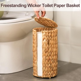 FairyHaus Wicker Toilet Paper Storage Basket with Lid, 3 Rolls Natural Water Hyacinth Toilet Paper Holder with Storage, Handwoven Toilet Paper Holder Stand Basket for Bathroom
