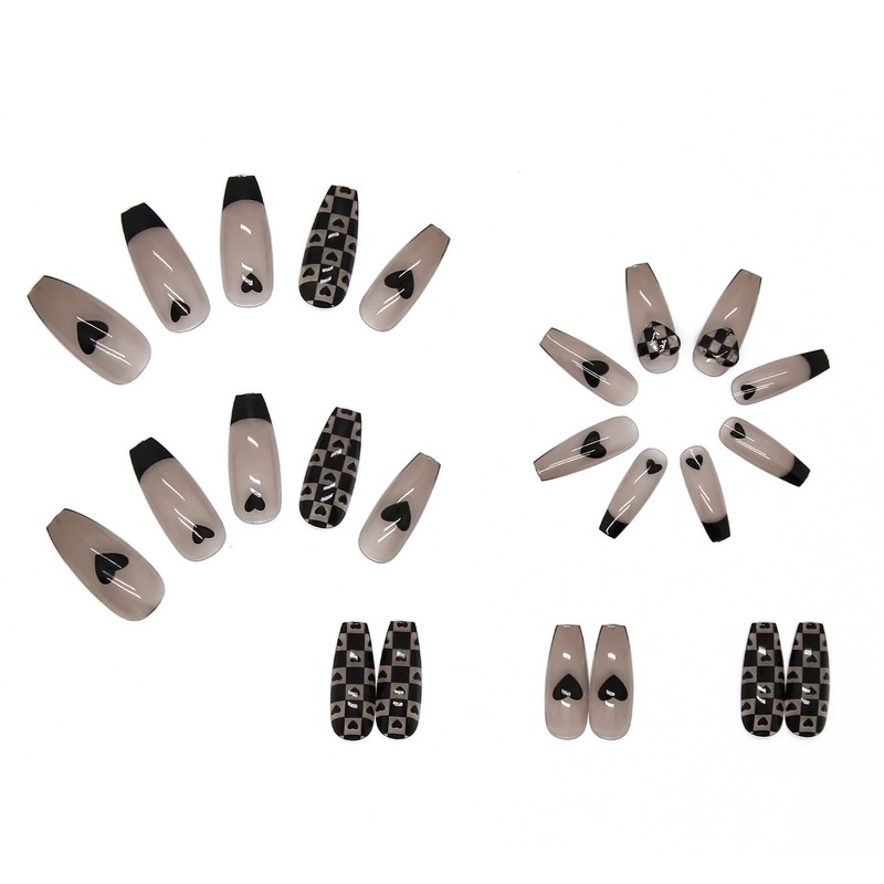 Set of 24 Nail Tips, High Quality Lady, Black Pattern,