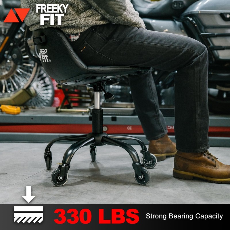 FreekyFit Rolling Stool with Wheels, Garage Shop Stool with Backrest,