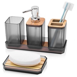 LovefulMug Bathroom Accessories Set 5 PCS, Transparent Gray Bathroom Accessories Includes Toothbrush Holder, Toothbrush Cup, Soap Dispenser & Dish, Tray, Bathroom Set for Bathroom Decor
