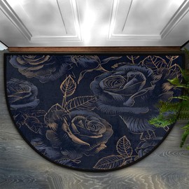 FengQuGou Half Round Doormat Rose Flower Flora Blue Washable Semi Circle Rug Non Slip Absorbent Half Moon Rug Kitchen Mat for Indoor Outdoor Bathroom Patio Front Welcome Fireplace Hearth Floor Mat