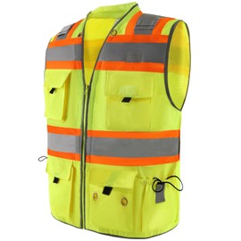 LOHASPRO Surveyor Safety Vest High Visibility Vest Heavy Duty Class 2 Safety Vests with Pockets and Zipper, Sv66pro-yellow, X-Large
