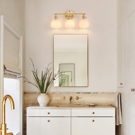 Shenmoyl Bathroom Light Fixtures, 3-Light Brass Vanity Wall Light Over Mirror with White Tulip Glass Shade for Bedroom Living Room