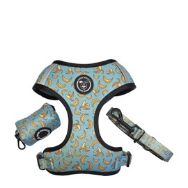 SUPER DOGGY No Pull Dog Harness, Leash and Bag, Breathable Harness for Small and Medium Dogs, Harness and Leash with Safety and Visibility (Blue Bananas, XS(5-8 lb))