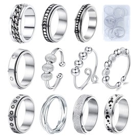 MUCAL Fidget Rings for Anxiety 8pcs Stainless Steel Spinner Ring Anti Anxiety Ring Spinning Moon Star Cool Stress Relieveing Rings for Women Men