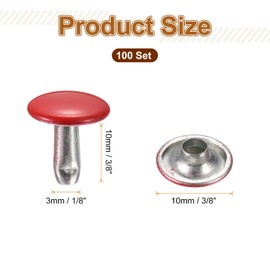 sourcing map 100 Sets Double Cap Leather Rivets, 10x10mm Round Cap Tubular Metal Studs Leather Crafting Rivets for Fabric Belt Pet Collar Boot Bag Repair and Decoration, Red