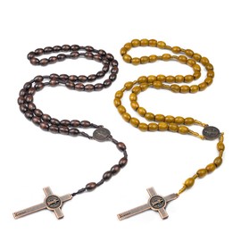 Pack of 2 Catholic Cross Rosary Necklace, Natural Wood Prayer Beads with Medal Cross Jesus Christ Saint Benedict, for Catholic Christians, Religious Communion, Baptism, Mass, Bible