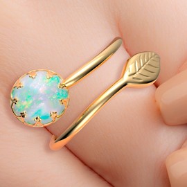14k Gold Filled Adjustable Created White Opal Wrap Leaf Ring For Women Gift With Jewelry Box Birthdays Anniversaries Weddings Party Proposal