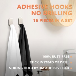 ZQMW Adhesive Hooks, 16-Pack Towel Coat Hooks Robe Clothes Hat Hooks Waterproof Stainless Steel Hooks Cabinet Closet Sponges Wall Hooks for Home, Bathroom, Kitchen, Office, and Outdoor