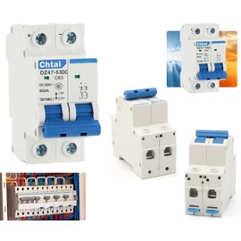 PRACTINET Pastilla Interruptor Termomagnético 63Amper 2p CD Solar - Mini Circuit Breaker 63A 2 Polos, CD MCB 6KA 500VCD, Disyuntor miniatura de aire Corto Circuito corriente, Instalación riel DIN