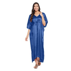 Gypsie Blu - Camisón largo de satén para mujer, talla grande, estilo kaftán, estilo kimono, Azul marino, Talla única Más