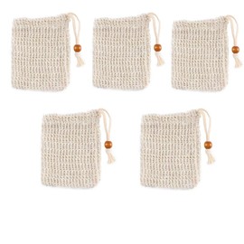 5Pcs Soap Saver Bags, Exfoliating Loofah Pouch Natural Ramie Foam Mesh Soap Saver Hand Made Soap Bag with Drawstring and Wooden Bead Holder