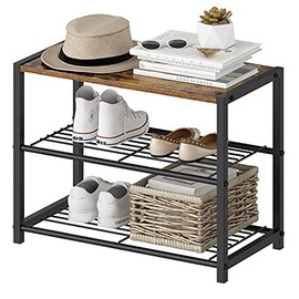 YUSONG Shoe Rack,3-Tier Metal Shoe Rack with MDF Top Board,Modern Shoe Storage Organizer with 2 Metal Mesh Shelves,Each Tier Fits 3 Pairs of Shoes,for Entryway,Rustic Brown (3 Tier, Rustic Brown)