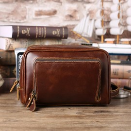 PAHVRION Toiletry Bag for Men Women,Full Grain Genuine Leather Toiletry Bag for Travel,Makeup Cosmetic Case,Shaving Kit Bag,Hygiene Dopp Kit, ReddishBrown, Non-cutomized