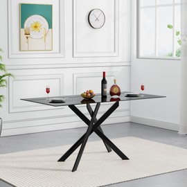 51inch Modern Dining Table for 4, Glass Kitchen Dining Room Table for 4, 0.32" Tempered Glass Tabletop and Black Metal Legs,Rectangle Black Glass Tables for Kitchen, Dining Room