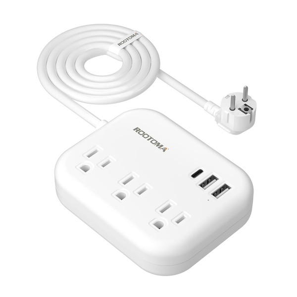 European Travel Plug Adapter with USB C, ROOTOMA Outlet Adapter US to Europe 3 Outlets 3 USB Ports, International Power Strip for EU Spain France Germany Greece(Not for UK), 3ft, White.