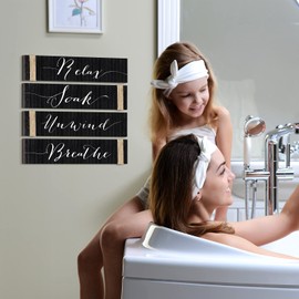 4 Pieces Farmhouse Bathroom Decor Wall Art Bathroom Sign Rustic Bathroom Decor Relax Soak Unwind Breathe Wood Sign for Home Spa Bathroom Decor, 11.8 x 3 Inch (Black)