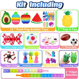 Chennyfun Stress Relief Toy Set, 62 Pieces Sensory Fidget Anti-Stress Toy - Watermelon Apple Kiwi Fidget Sensory Toy Set for Children and Anxiety with Anxiety, Autism and ADHD
