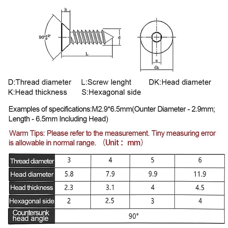 ANSIEDIO Self tapping Screws Stainless Steel Screws Hex Socket Flat