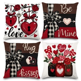 YUJUN 4 Pack Valentine's Day Pillow Covers Decoration,18x18in Buffalo Plaid Farmhouse Red Love Locks Heart Valentine Throw Pillows Cushion Case Couch Decor for Valentine's Day Home Outdoor Decor