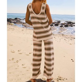 Antinson Womens 2 Piece Sweater Set Lounge Set Sleeveless Knit Tank Tops and Pants Beach Outfits Sets(-Apricot-M)