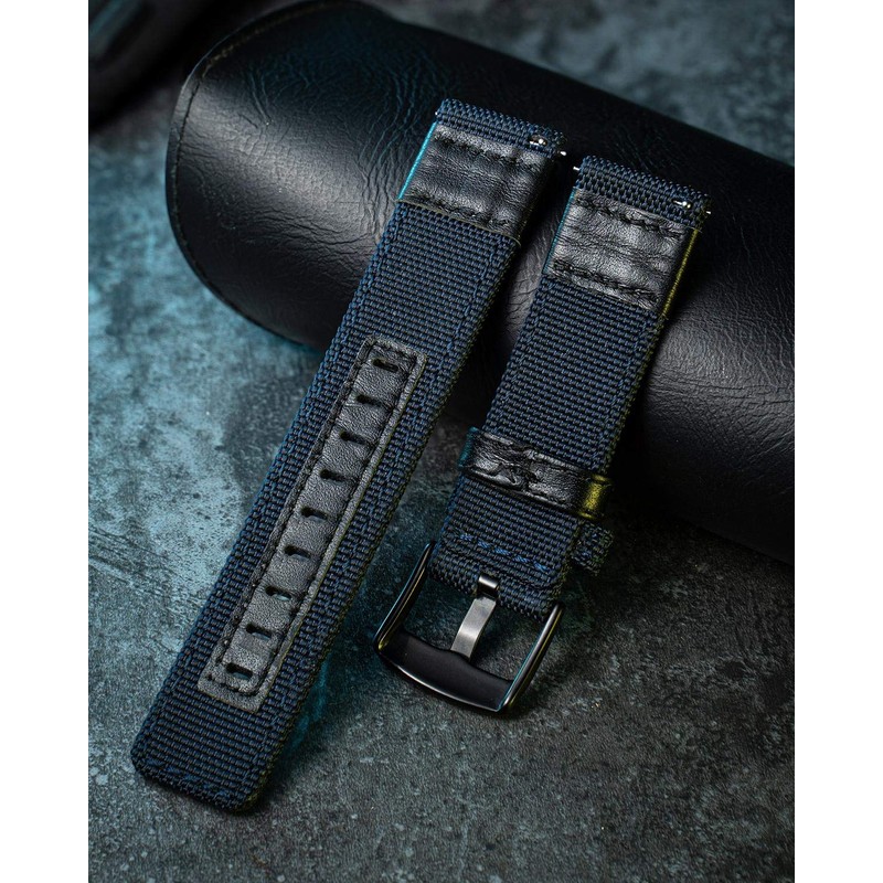 BINLUN Canvas & Leather Watch Band Replacement Fabric Watch Strap