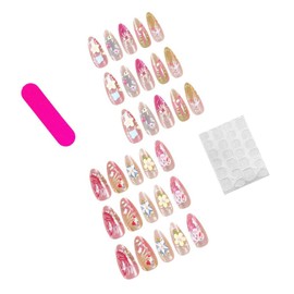 30Pcs Colorful Flower Press on Nails Medium Almond Fake Nails - 3D Floral Bow Ripples Designs French Press on Colored Gradient Cute Full Cover Artificial Glue on Nails Summer Stick on Nails for Women