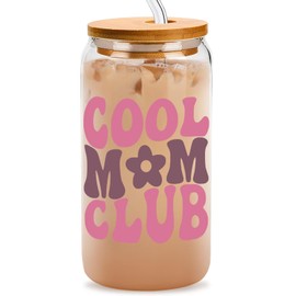 Jutasty Mom Gifts From Daughter Son, Cool Mom Club, Cute Cup Birthday Gifts for Mom, Mother, First Time Mom New Mom Gifts for Women Mama, Momma Gifts, 16oz Coffee Glass Can Cup with Lid and Straw