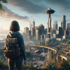 Post Apocalyptic American City Seattle Woman Viewing Ruins Space Needle Poster