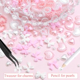 RODAKY Bow Nail Charms Pink Bowknot Heart Charms for Nails White Flatback Pearl Beads Resin Cute Nail Decoration Accessories for Women Manicure Design
