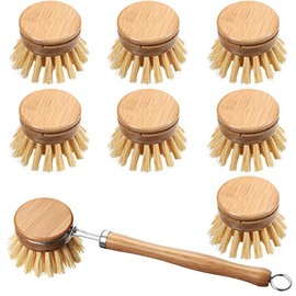 Patelai 8 Pieces Dish Brush with Wood Handle, Natural Dish Scrubber Brush Set Includes 7 Replacement Bristle Heads & 1 Bamboo Handle for Dishes, Pans,