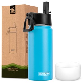 koodee Water Bottle With Straw 16 oz Stainless Steel Double Wall Vacuum Insulated Wide Mouth Water Bottle Flask with Leakproof Straw Lid (Sky Blue)
