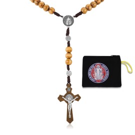 HANRESHE Wooden Beads Rosary Necklace Wooden Crosses Pendant Catholic Rosary Necklace for Men with St.Michael, 2, Zinc, No Gemstone