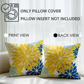 JANGYUHH Cushion Cover 40 x 40 cm Modern Dahlia Decorative Cushion Double-Sided Pattern Yellow Blue Flowers Sofa Cushion Outdoor Cushion Linen Cushion Covers Decorative for Sofa Garden Living Room Bed