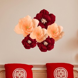 HannaFires 6PCS Paper Flower Decorations - Party Decor, Wall Decor for Indoors or outdoor, Wedding & Holiday Adult Party Supplies, Practical and Versatile Gift, Burgundy and Peach Colors Chinese Weddi