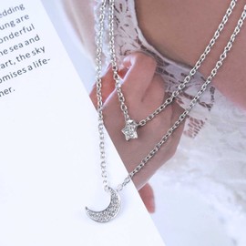 Erimberate Bohemian Layered Crystal Star Moon Necklace Rhinestone Star Moon Pendant Necklace Silver Crescent Moon Choker Necklace Paved Cz Star Necklace Jewelry for Women and Girls Gifts