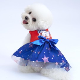 XPUDAC 4th of July Tulle Dog Dress Patriotic Clothes Doggie Outfit with Bow Independence Stars Skirt Pet Holiday Apparel for Small Dog Girl Cat, XXS