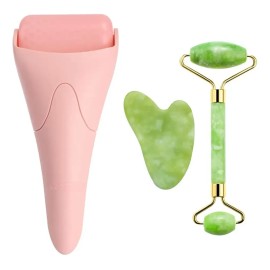 Rodillo De Jade Natural 3 En 1 Y Gua Sha Para Rostro Y Ojos,