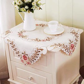 LeLehome 33" Square Flower Embroidered Classic Tablecloth, Vintage Lace Pink Red Rose Table Cloth Small Bedside Table Tea Table Dining Table Cover for Home Kitchen Party Decor