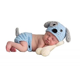 Xanewza 3 Pieces Newborn Baby Photo Props Outfits Crocheted Knitted Blue Dog Hat Shorts with Bone Set for Boys Girls Photography Shooting (0-6 Months)
