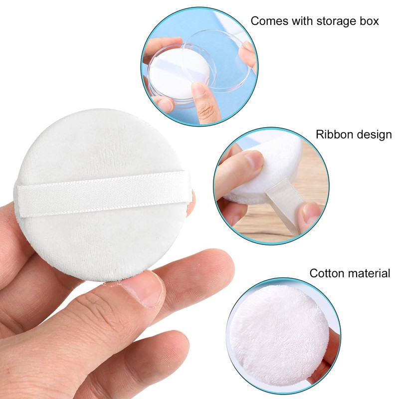 4個のメイクアップパウダーパフ、洗える2.36インチコットンメイクアップパウダーパフパッド、リボン付き、ルースパウダーファンデーションセッティングパウダーパフと液体化粧品用の白いラウンドビューティーメイクアップツール