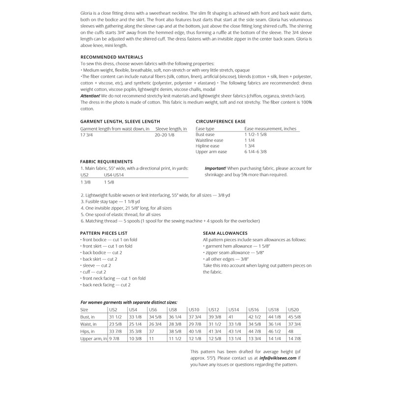 Vikisews Gloria Dress Sewing Pattern, Sizes US 2-14, EU 34-46