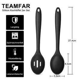 TEAMFAR Kochlöffel, 2 Stück Silikon Löffel Rührlöffel Set, Schwarz Antihaft Küchenhelfer zum Kochen Backen Rühren, Hitzebeständig, Spülmaschinenfest