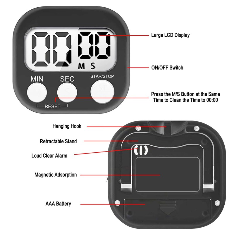 2 PCS Magnetic Kitchen Timer, Big Digits Large LCD Screen