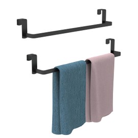 WZKALY Over Cabinet Towel Rack, 2 Pack 14 Inch Over The Door Towel Bar Towel Hanger for Kitchen, Stainless Steel Over Cabinet Cupboard Towel Holder, Foam Protective Mats(Matte Black)