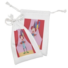 Ambesonne Clown Fabric Pouch Set of 2, Themed Graphic of Whimsical Entertainer Man on Stage with Balloons, Small Drawstring Bag for Toiletries Masks and Favors, 9" x 6", Dark Pink Multicolor