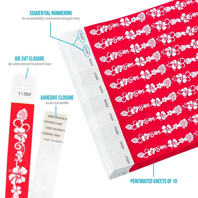 500 WristCo Red Hawaiian Flower Tyvek Wristbands for Events -